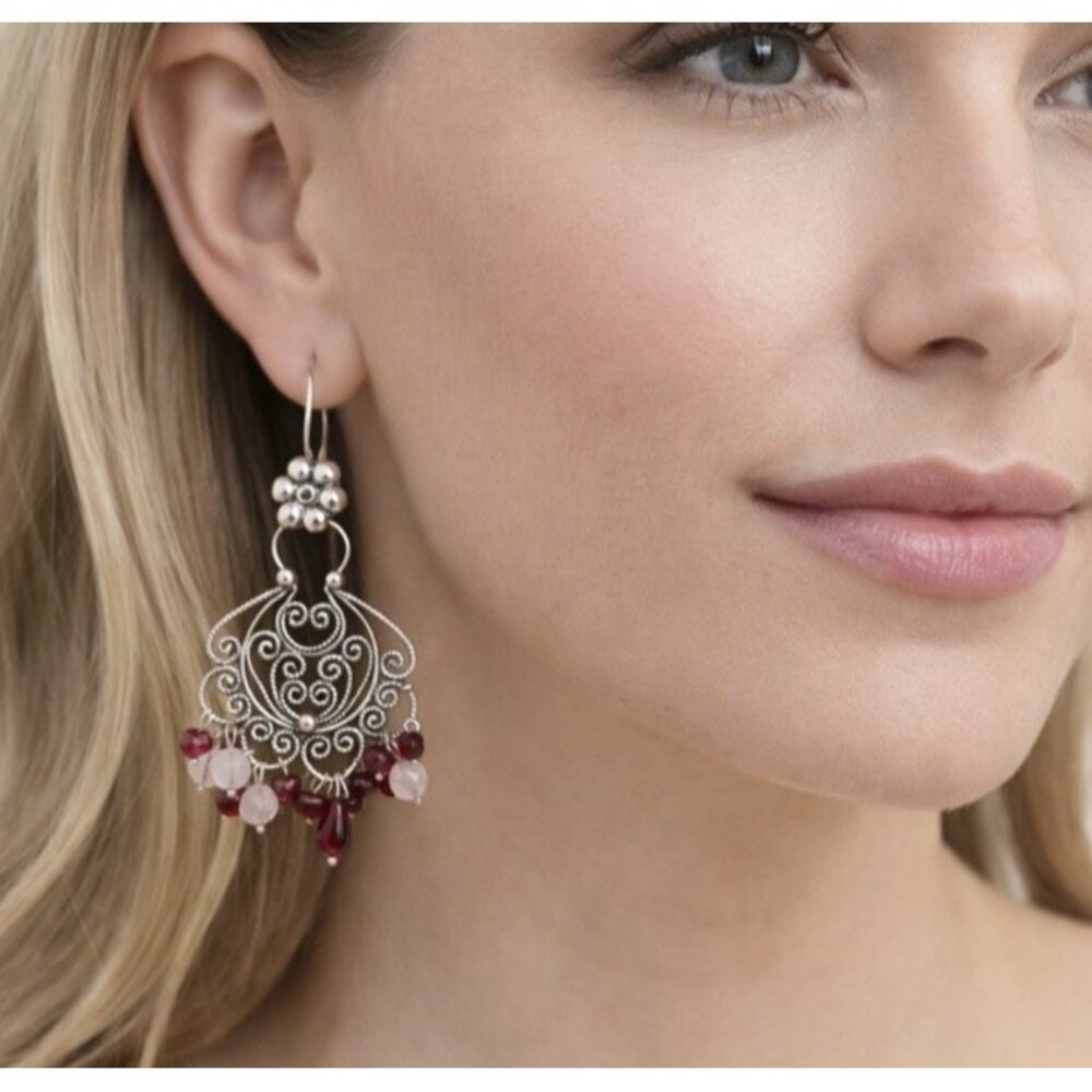 Vintage Sterling Silver Garnet Filigree Chandelier Earrings Boho Artisan Dangle